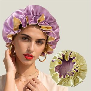 Reversible Satin Sleep Bonnet Hat – Purple & Yellow – Extra Large, Elastic Fit